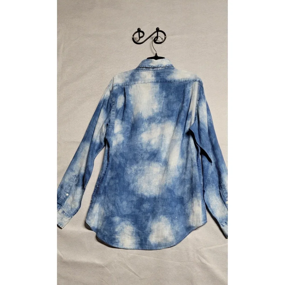Blue White Tie Dye Ls Button Up Polo Ralph Lauren 100% Linen Men's Shirt Size M